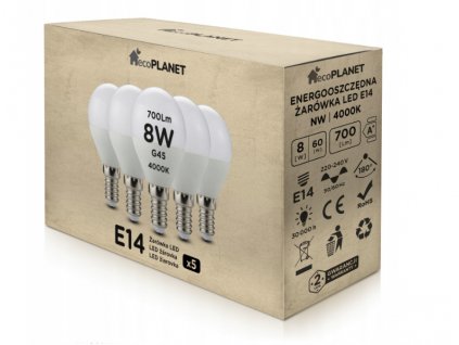 5x LED žárovka E14 - G45 - 8W - 700lm - neutrální bílá