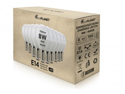 10x LED žárovka E14 - G45 - 8W - 700lm - neutrální bílá