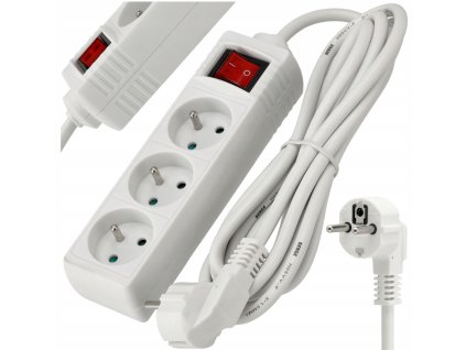Prodlužovací kabel 3m s uzemněním, 3 zásuvky - bílý 3*1,5 mm2 3680 W