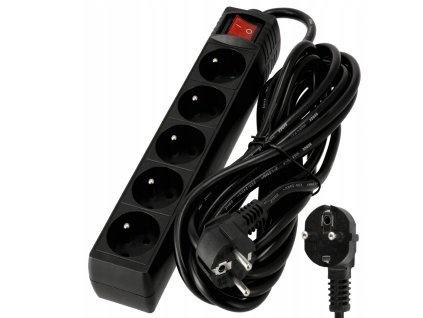 Prodlužovací kabel 5m s uzemněním, 5 zásuvek - černý 3*1,5 mm2 3680 W
