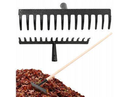 Kovové zahradní hrábě 14 zubů s dřevěnou rukojetí na listí trávy