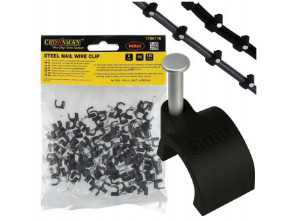 Držáky kabelů pro kabelové girlandy s 6mm hřebíky, 100 kusů, černé