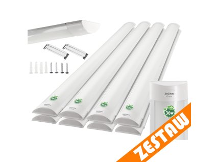 Sada 4 x povrchově montovaných LED svítidel 36W 120cm zářivkový panel pro garáž a dílnu