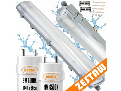 Sada LED lamp, hermetické svítidlo 60cm 18W 2880lm 6500K do garáže s plechem