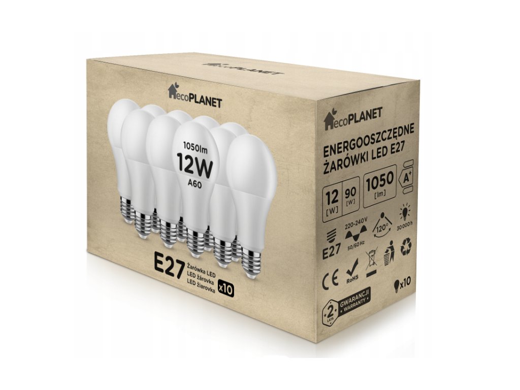 6x LED žiarovka - ecoPLANET - E27 - 12W - 1050Lm - studená biela