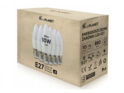 6x LED žiarovka - ecoPLANET - E27 - 10W - sviečka - 880Lm - teplá biela