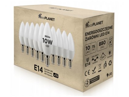 10x LED žiarovka - ecoPLANET - E14 - 10W - sviečka - 880Lm - teplá biela