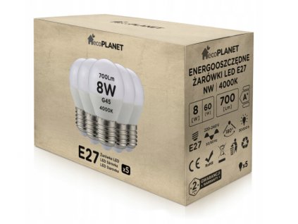 5x LED žiarovka E27 - G45 - 8W - 700lm - neutrálna biela