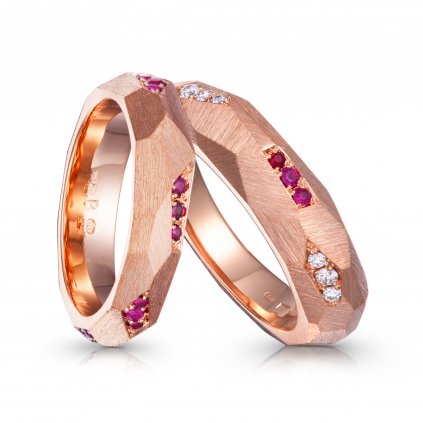 Snubní prsteny Mr&Mrs 03 z růžového zlata s diamanty a rubíny