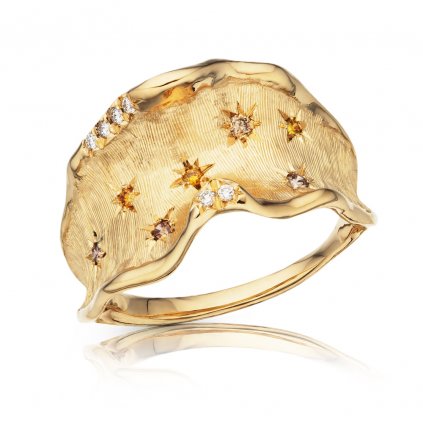 Zlatý prsten Golden s hnědými a žlutými diamanty