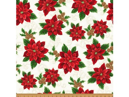 Hoffman 3297-101 Poinsettia červená ornament vánoční zlatotisk bavlněná látka