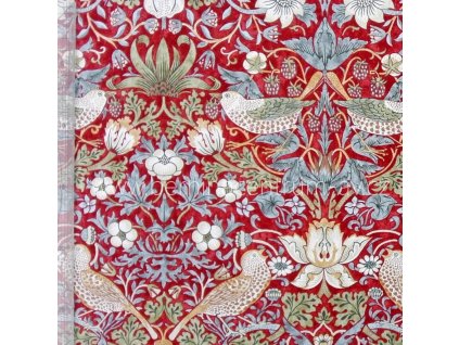 William Morris Kelmscott ptáci červená vícebarevná bavlněná látka patchwork