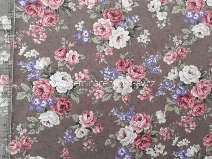 Stof 999-421 Sofie Roses květinová hnědá bavlněná látka patchwork