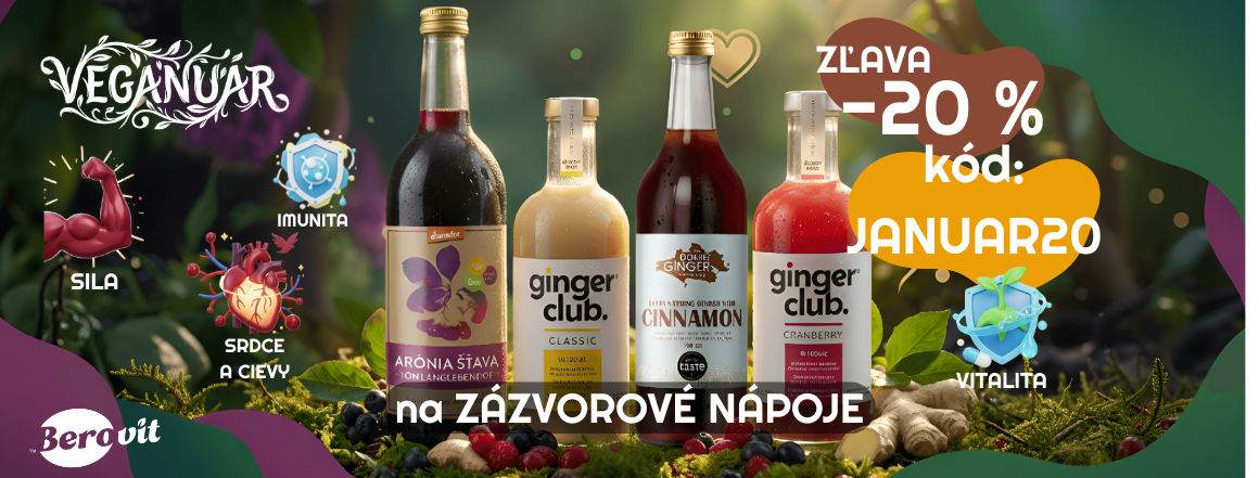 Veganuár 2026 zdravé BIO produkty z arónie a zázvoru, akcia na zázvorové nápoje s kódom JANUAR20