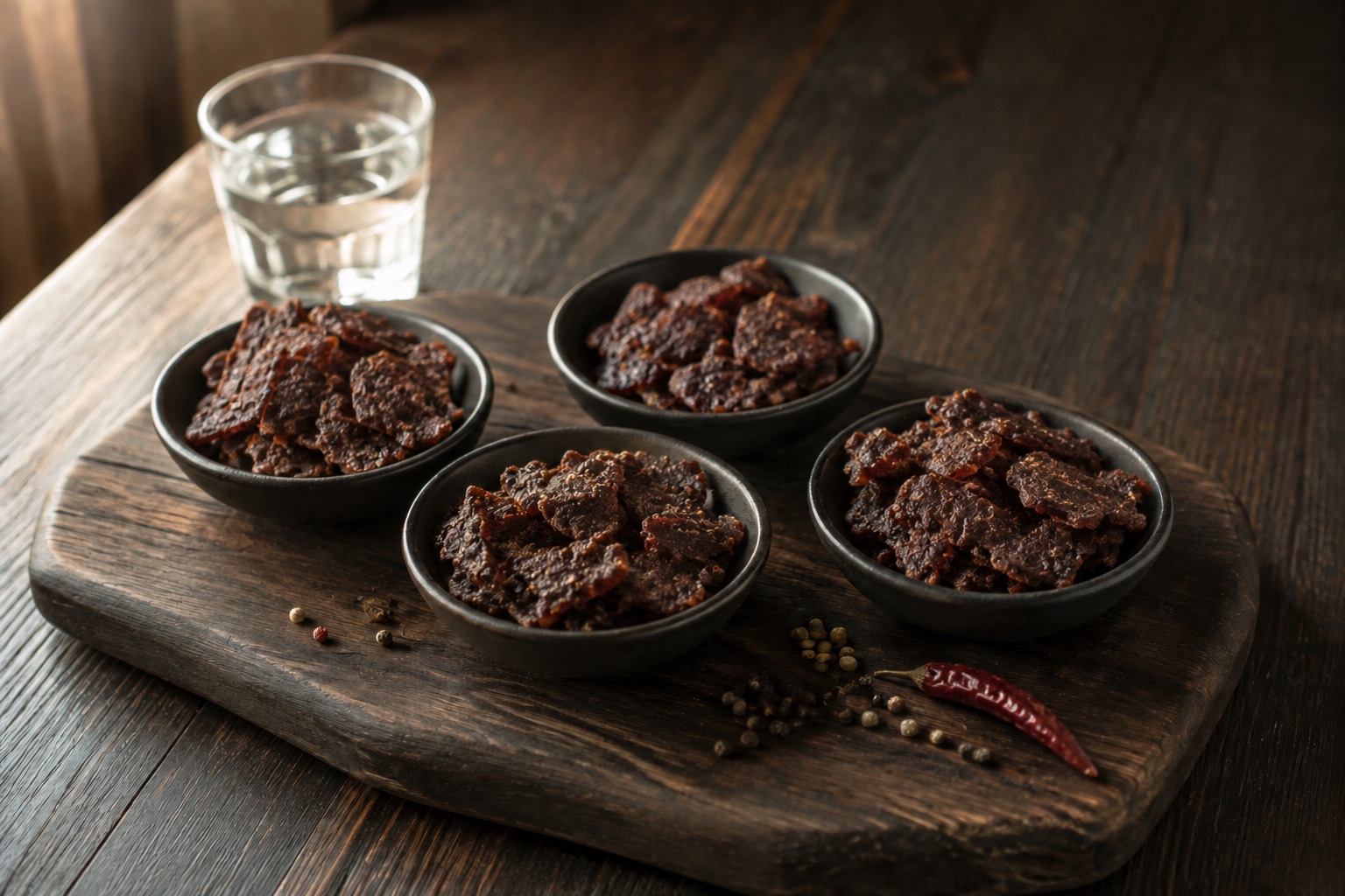 Domácí degustace jerky v miskách na dřevěném prkénku