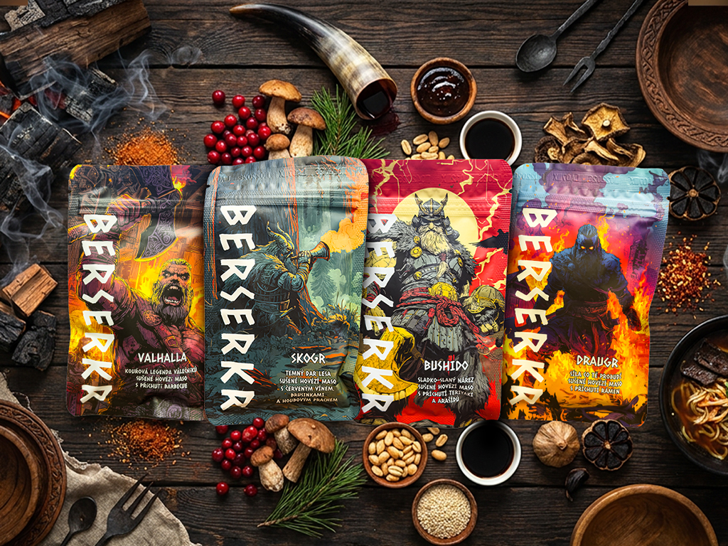 Levně BERSERKR Hovězí jerky - Hostina válečníků 4x25 g - BBQ, Víno a brusinky, Arašídy s Teriyaki, Rámen
