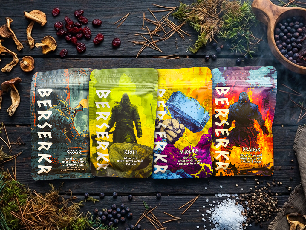 Levně BERSERKR Hovězí jerky - Lesní výprava 4x25 g - Víno a brusinky, Tatarák, Pepř, Rámen