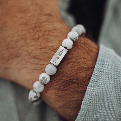 Pánsky náramok z minerálov s textom Beads howlit strieborna