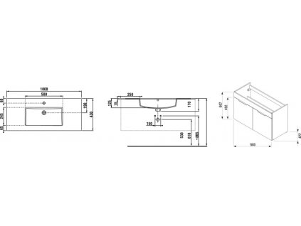 JIKA CUBE skříň tmDUB s umyvadlem100x43, dvoudvéřová, černé úchytky  4.5365.1.176.302.1  H4536511763021