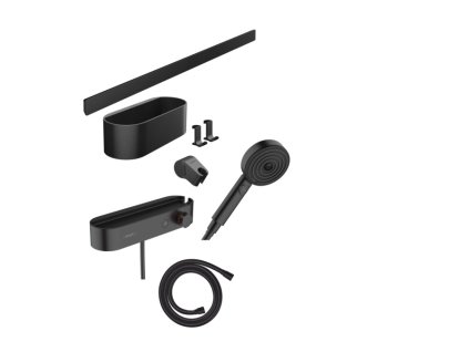 Hansgrohe WallStoris MATNÁ ČERNÁ Sada: ruční sprcha 105 3jet Activation EcoSmart, termostat, nástěnná tyč 70 cm a sada pro odkládání
