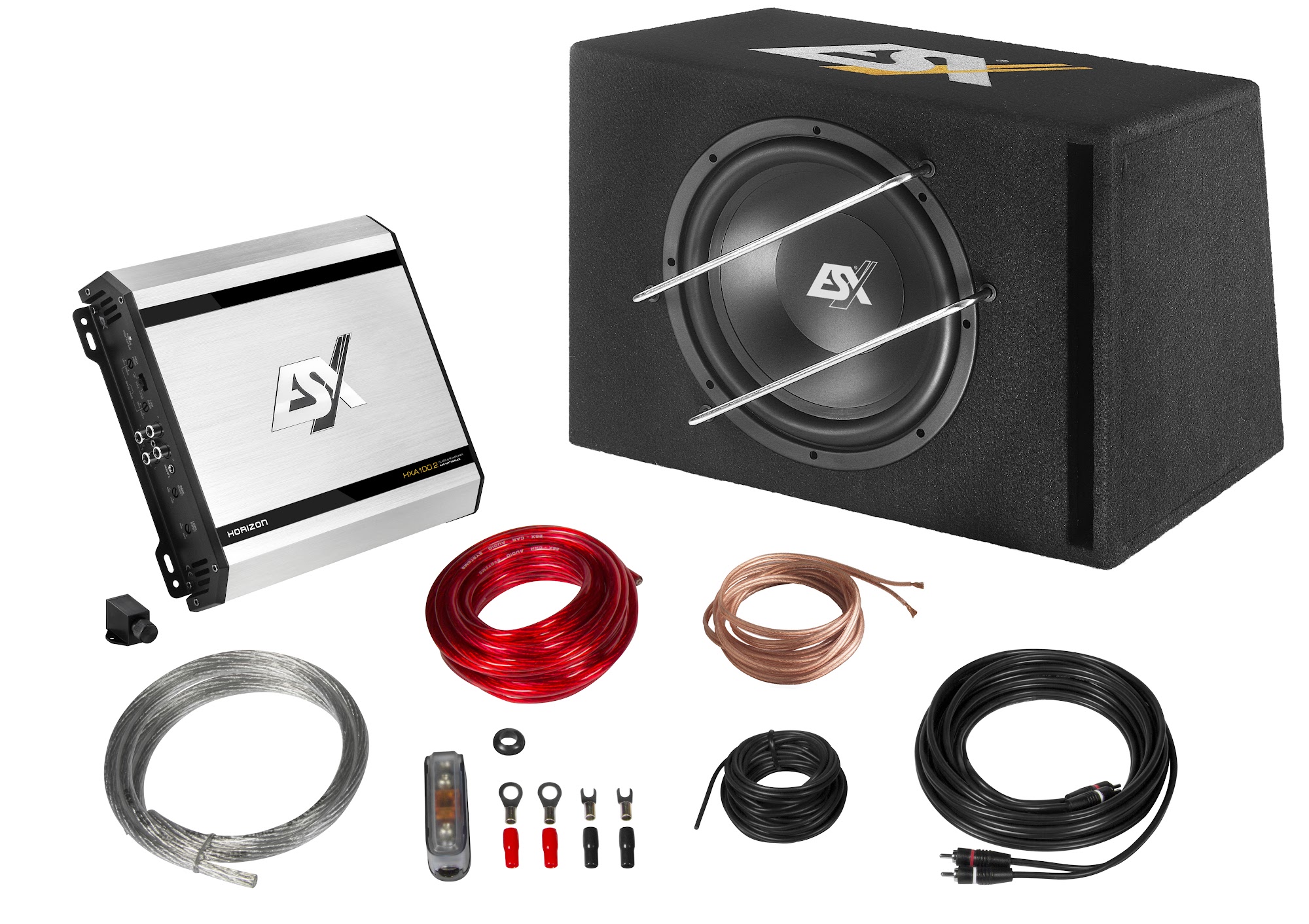 ESX Horizon HXP200 – basový set: subwoofer 30 cm, zesilovač, kabeláž