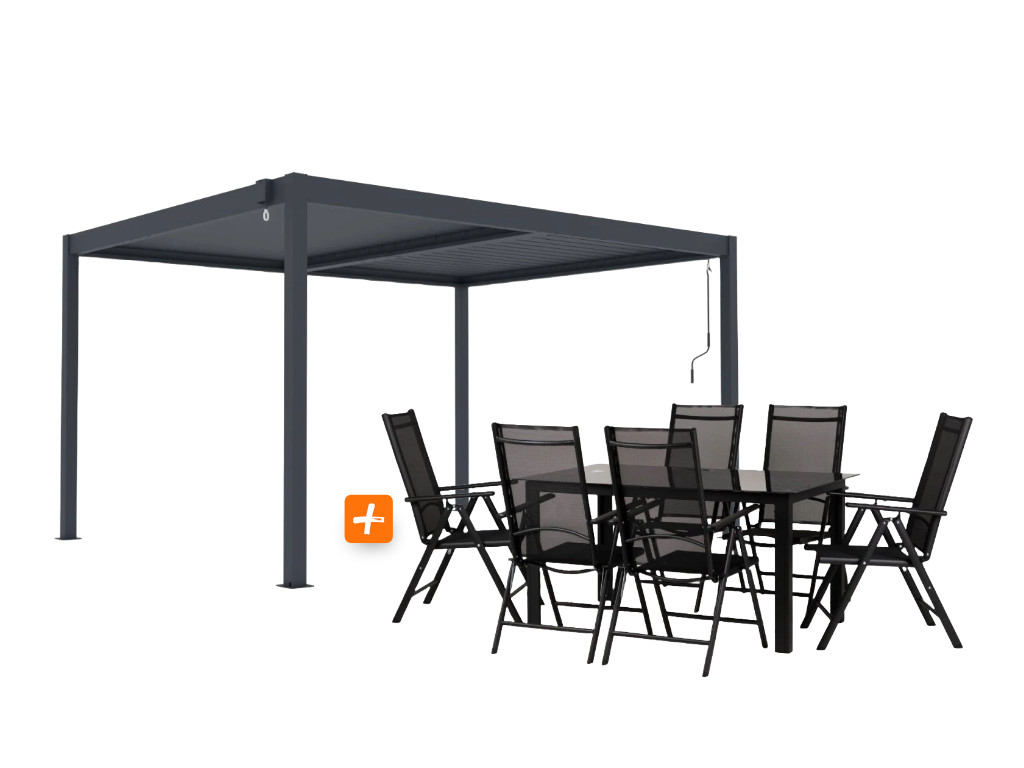 ZAHRADNÍ KOMBO bioklimatická pergola s lamelami BestBerg BBP-12G + Zahradní jídelní set 6+1 BestBerg BBGF-53B