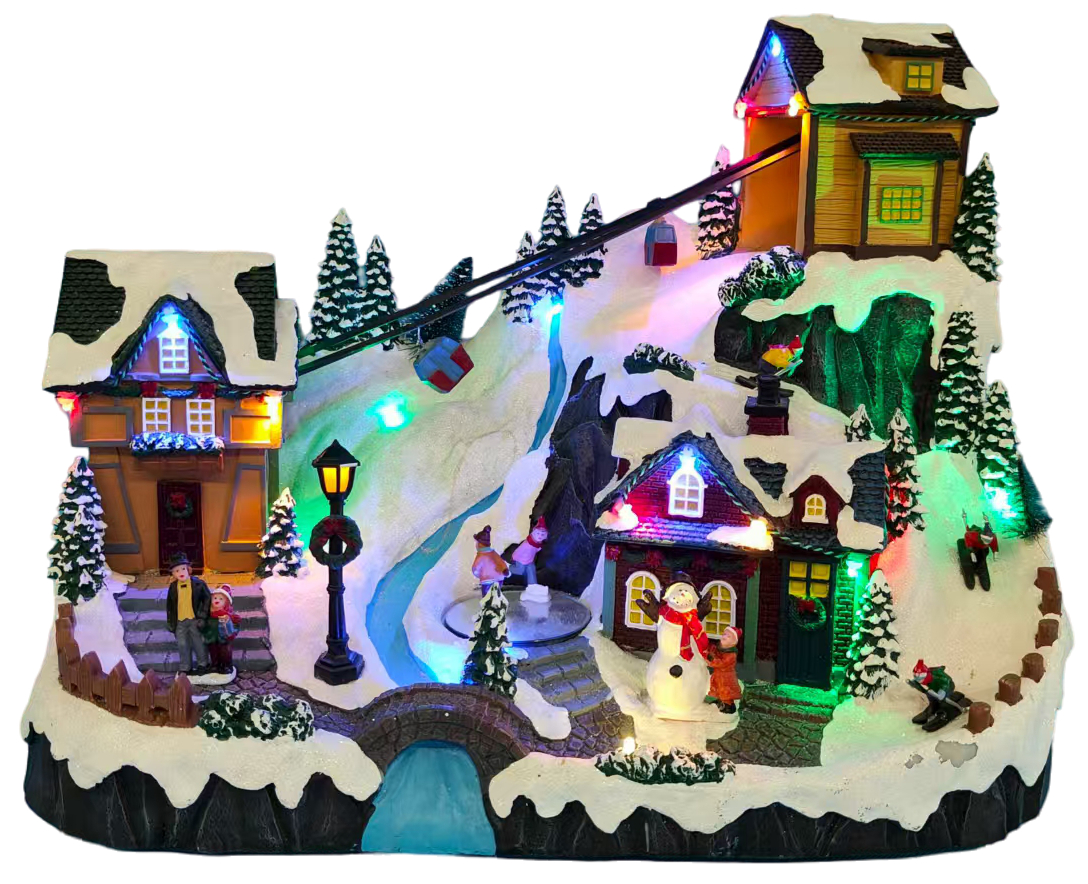 Vánoční scénka s osvětlením a melodií – lanovka BestBerg BBXS-982 / 42 x 25 x 31,5 cm / polyresin