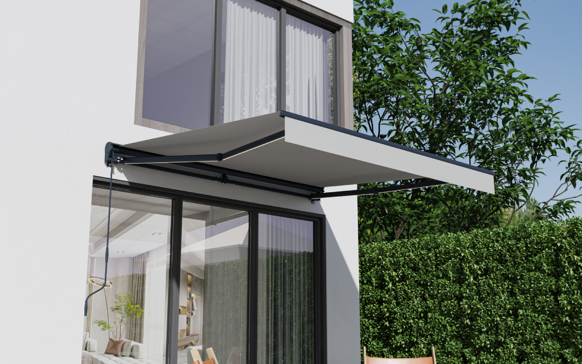 Elektrická markýza s LED osvětlením BestBerg BBSU-EL295LG / 295 x 250 cm / světle šedá