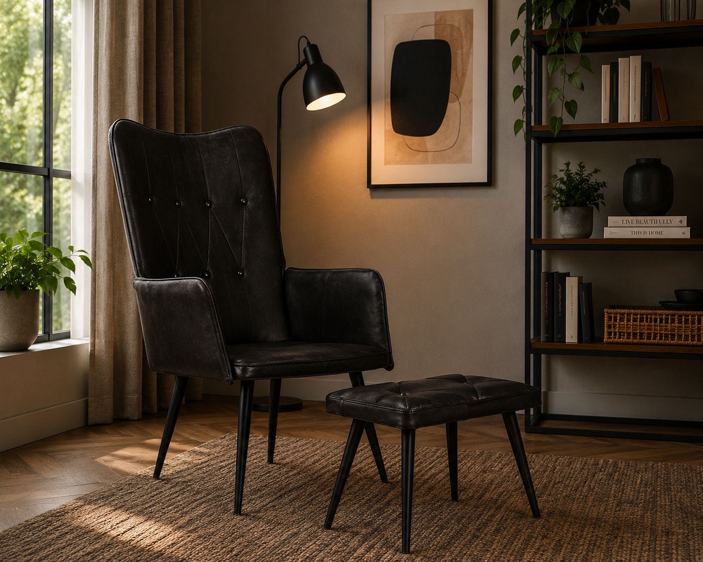 Kožené křeslo s taburetem BestBerg 339666 / černá