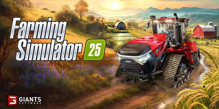Traktor s nářadím na poli ve Farming Simulatoru 25 a herní počítače BestComp postavené pro tuhle hru