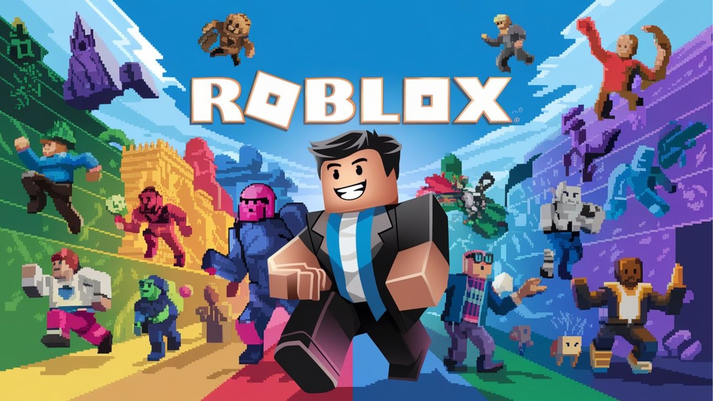 Barevná postavička z Robloxu v herním světě složeném z bloků