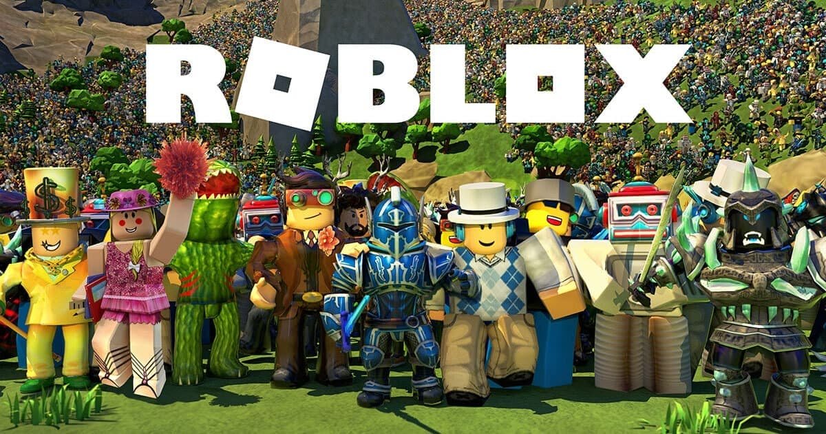 Herní scéna z Robloxu s postavičkami a stavbami z bloků