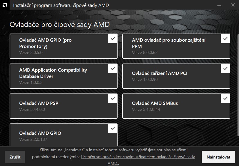 Instalační program ovladačů čipové sady AMD se seznamem 7 komponent s automaticky zaškrtnutými checkboxy před kliknutím na tlačítko Nainstalovat