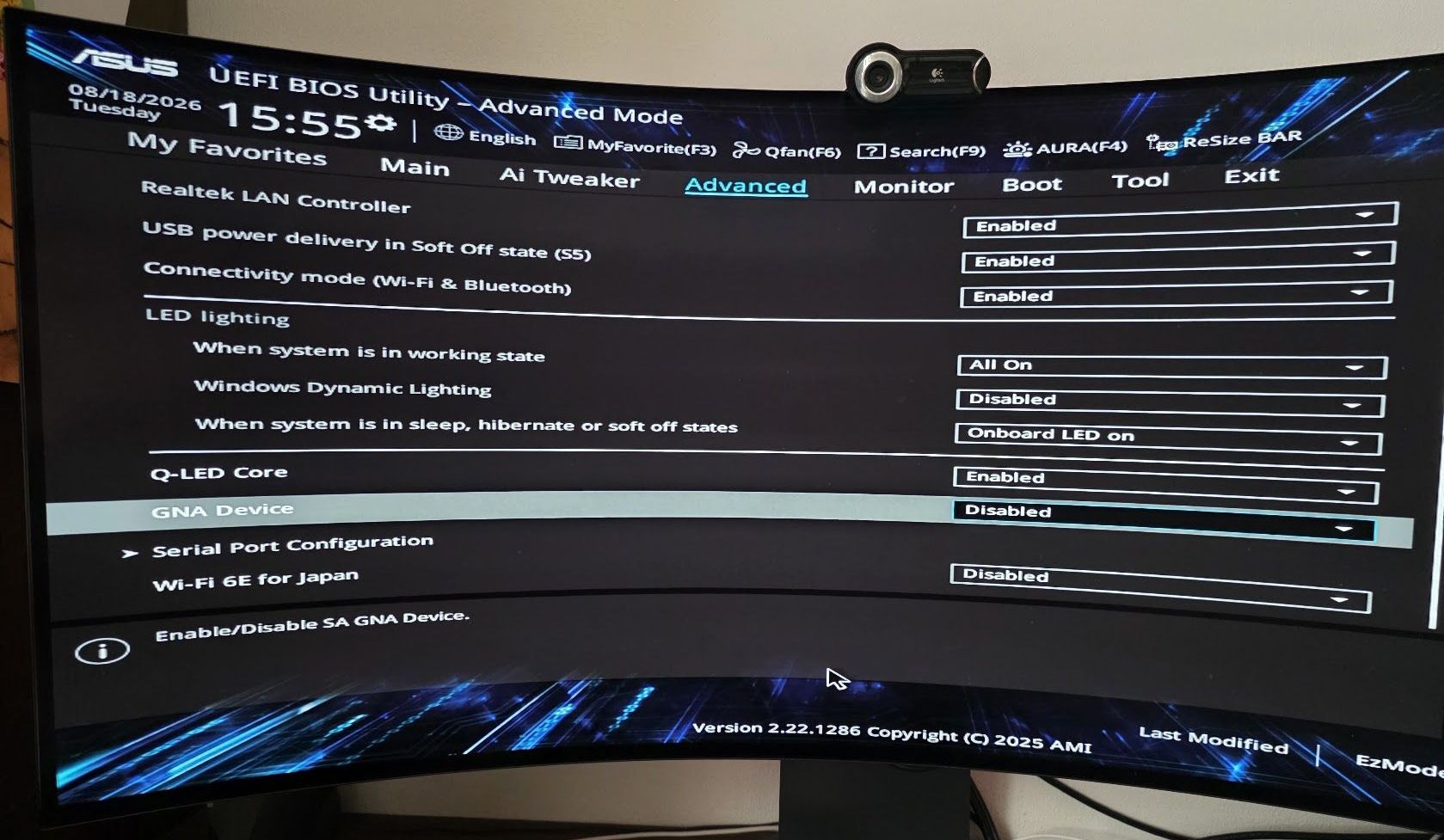 Nastavení BIOSu desky ASUS PRIME Z790-P s položkou GNA Device přepnutou na Disabled v nabídce Onboard Devices Configuration