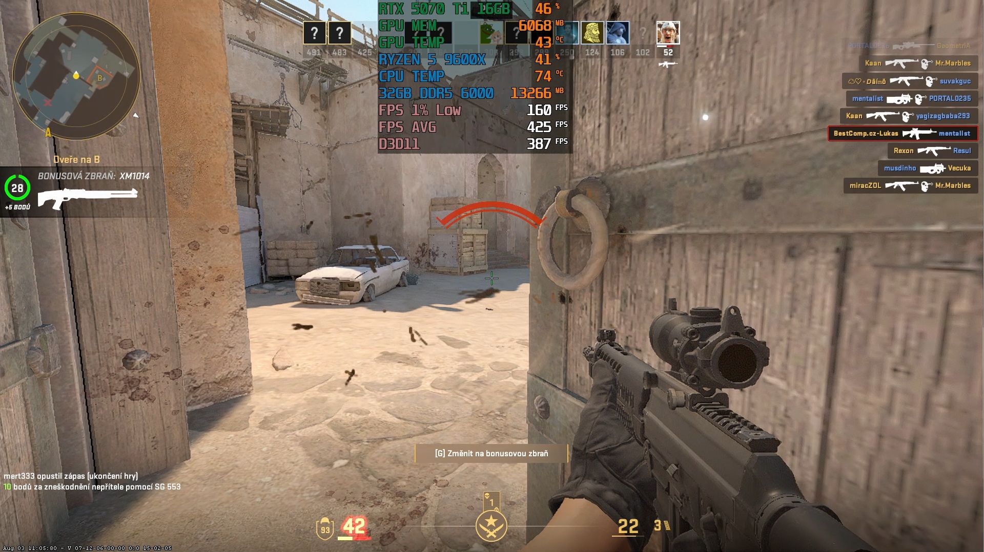 Překryv při měření Counter-Strike 2 na nastavení Low ukazuje průměr 425 snímků a 1% low 160 snímků