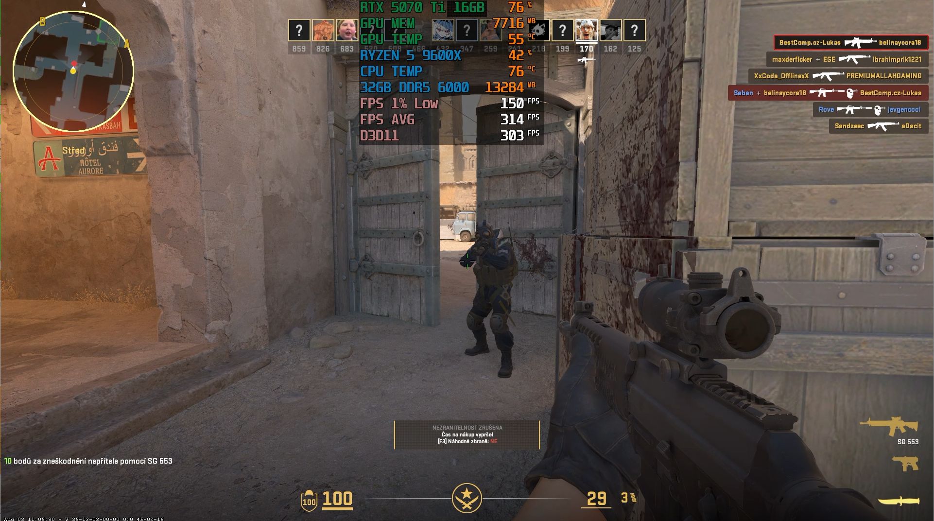 Překryv při měření Counter-Strike 2 na nastavení Very High ukazuje průměr 314 snímků a 1% low 150 snímků
