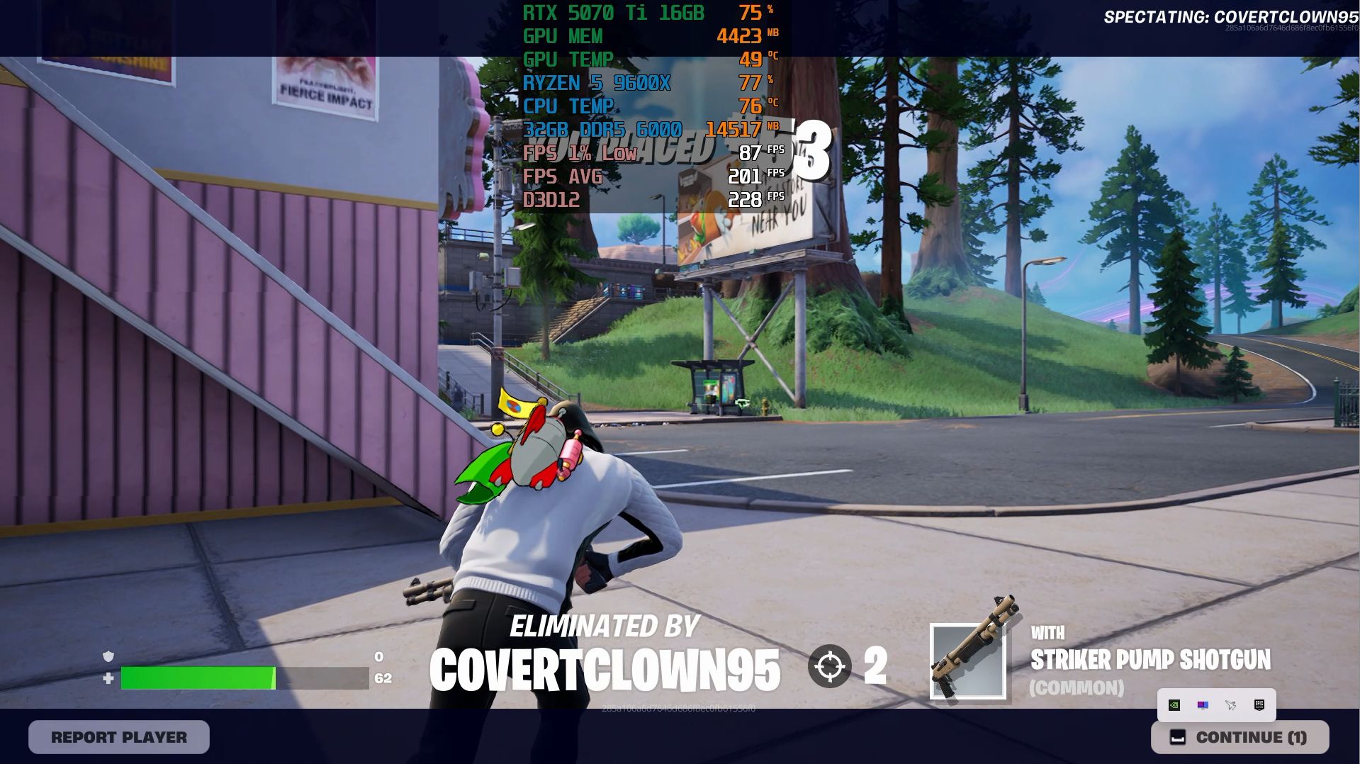 Překryv při měření Fortnite na nastavení Epic ukazuje průměr 201 snímků a 1% low 87 snímků