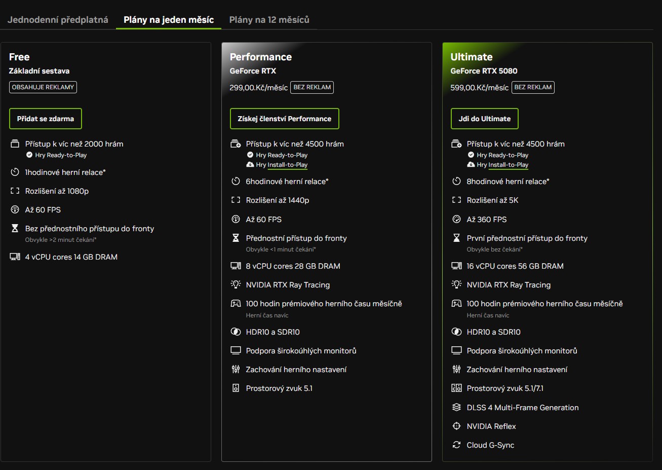 Přehled cenových tarifů GeForce NOW Free, Performance a Ultimate v roce 2026