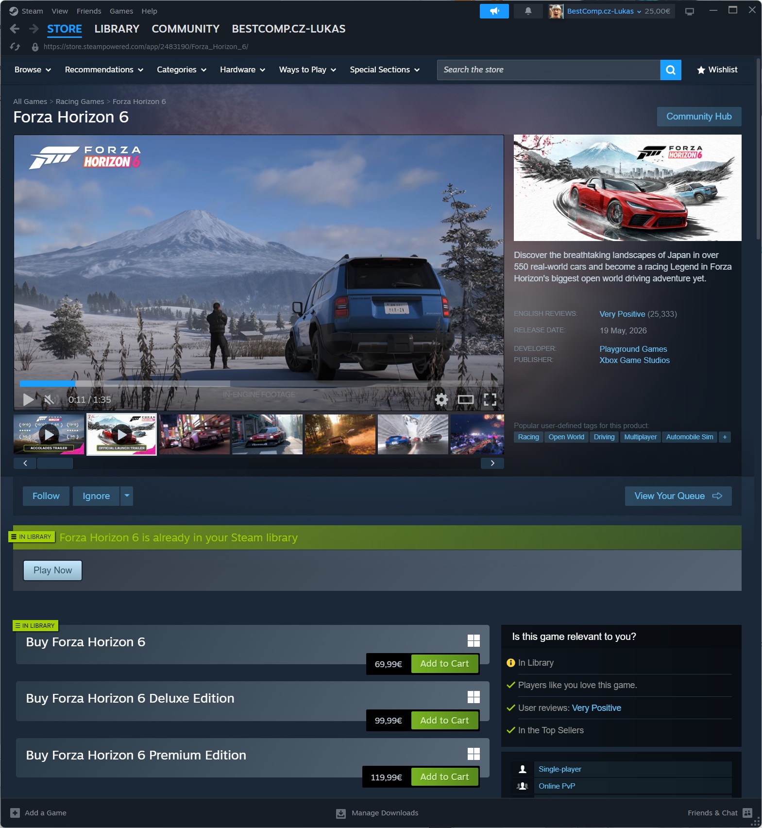 Instalace hry Forza Horizon 6 z herní knihovny platformy Steam