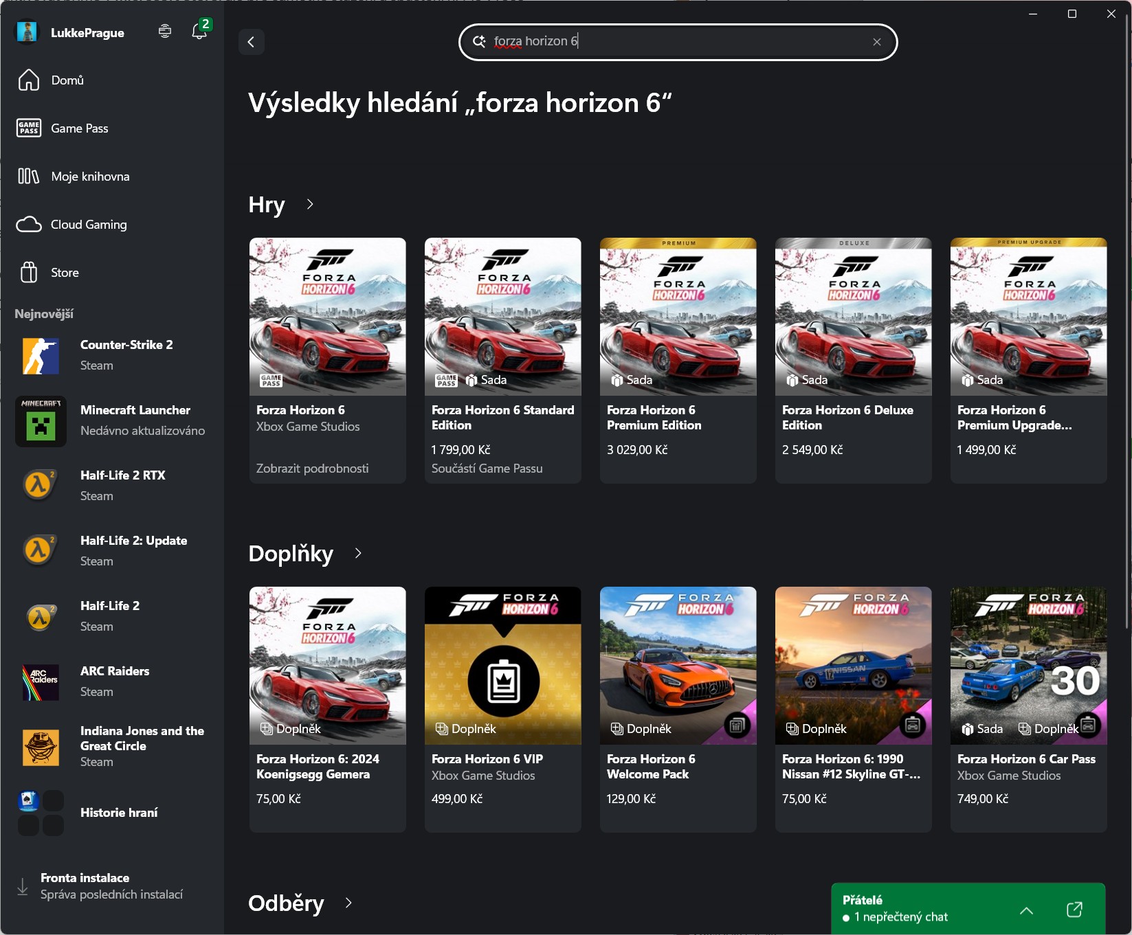 Instalace hry Forza Horizon 6 z herní knihovny platformy XBOX App