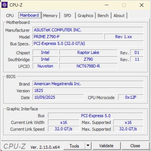 Program CPU-Z na záložce Mainboard se základní deskou ASUS PRIME Z790-P, čipsetem Intel Z790, BIOSem verze 1825 a grafickým rozhraním PCI-Express 5.0 x16