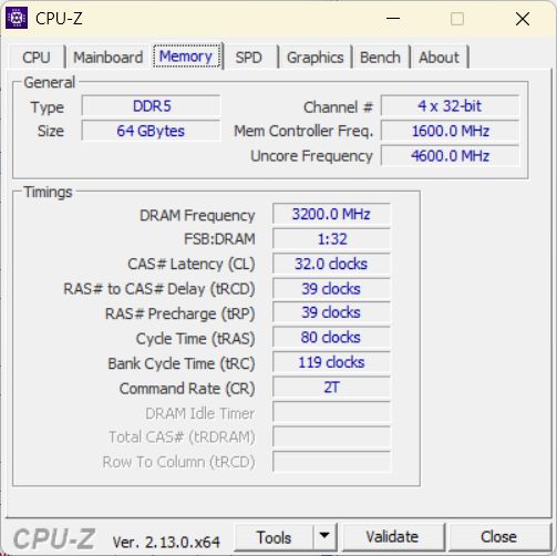 Program CPU-Z na záložce Memory s pamětmi DDR5 o kapacitě 64 GB, zapojením 4 x 32-bit a frekvencí DRAM 3200 MHz
