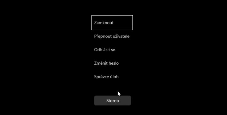 Modrá obrazovka Windows po stisku Ctrl Alt Delete s nabídkou voleb včetně možnosti Změnit heslo