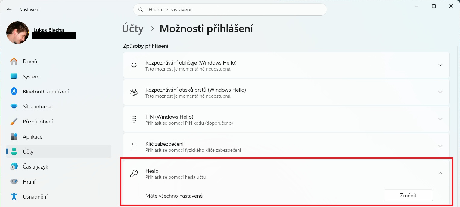 Windows 11, Možnosti přihlášení s rozbalenou položkou Heslo a tlačítkem Změnit