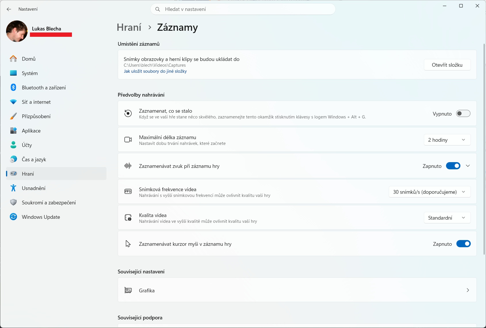 Nastavení Windows 11 v sekci Hraní a Záznamy s volbami kvality videa, snímkové frekvence a délky záznamu