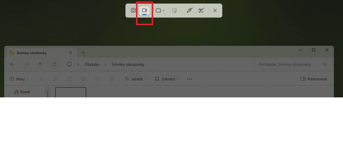 Horní lišta nástroje Výstřižky ve Windows 11 přepnutá do režimu nahrávání videa s ikonami mikrofonu a reproduktoru
