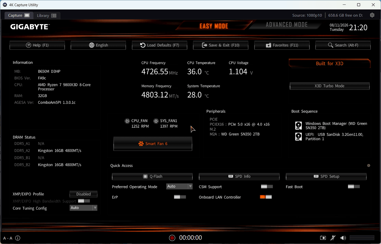 Úvodní obrazovka BIOSu Gigabyte s pamětí běžící na výchozích 4800 MT/s