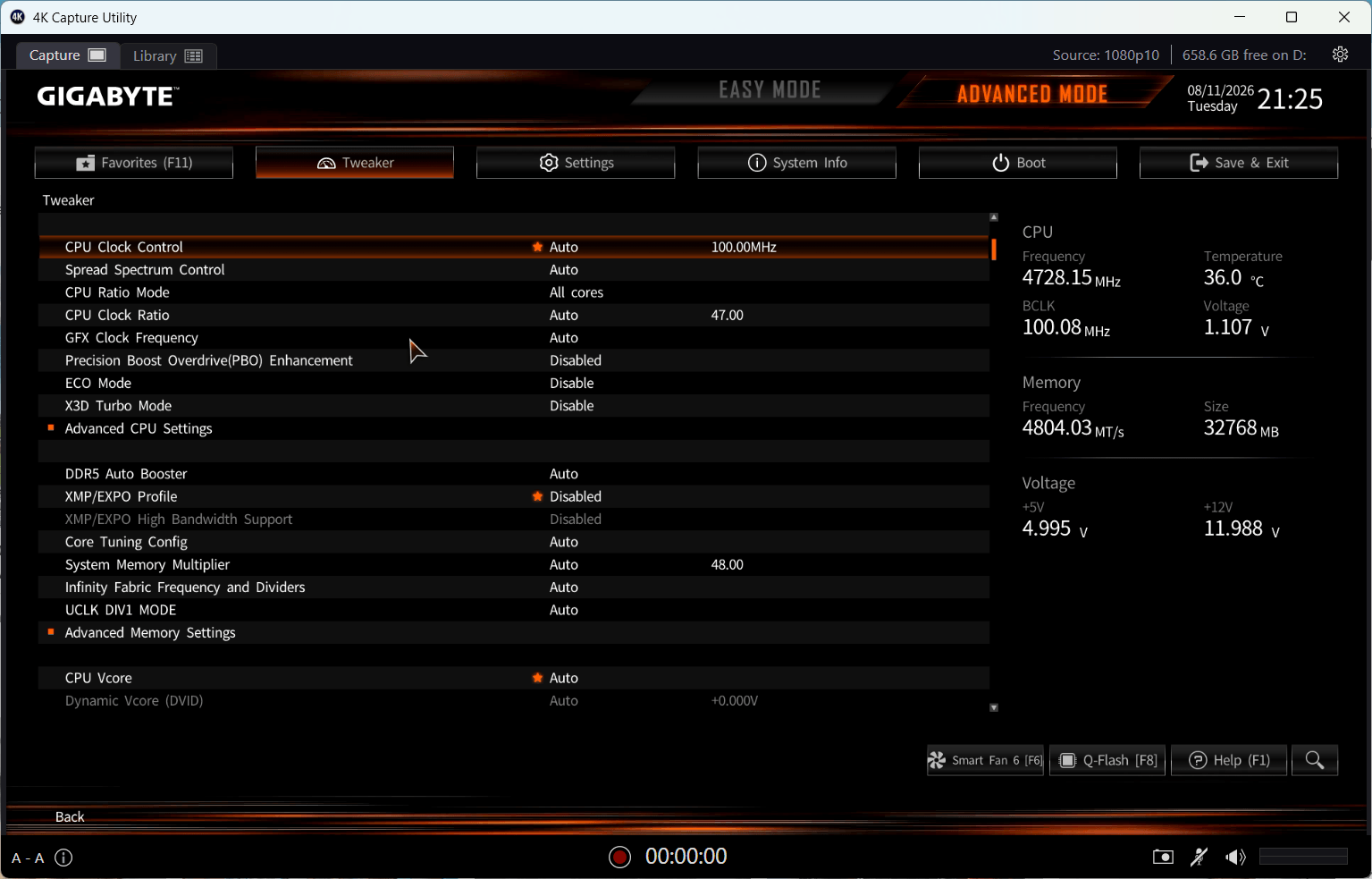 Záložka Tweaker v BIOSu Gigabyte s vypnutým profilem XMP/EXPO