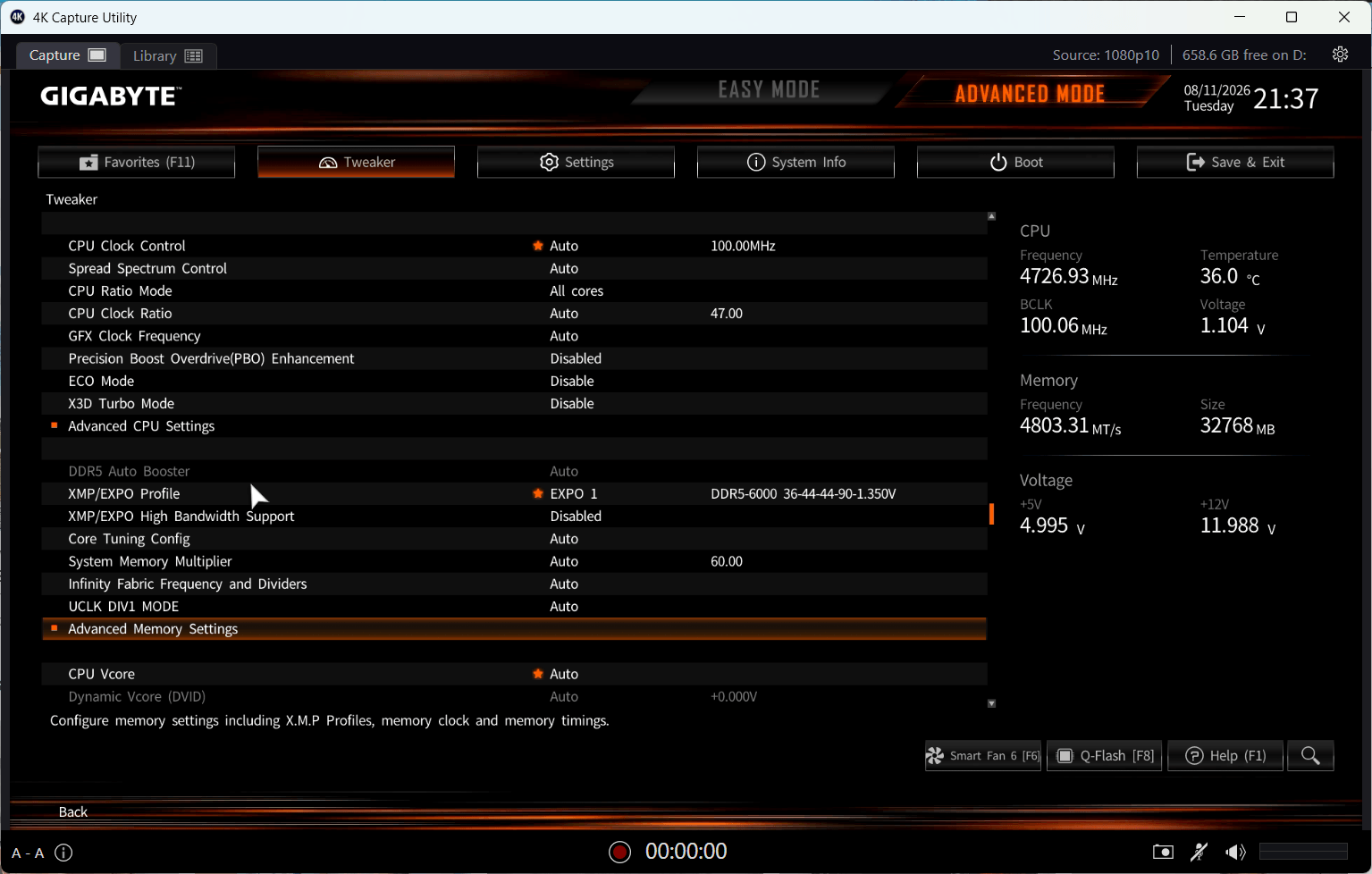 Načtený profil EXPO 1 s parametry DDR5-6000 36-44-44-90 v BIOSu
