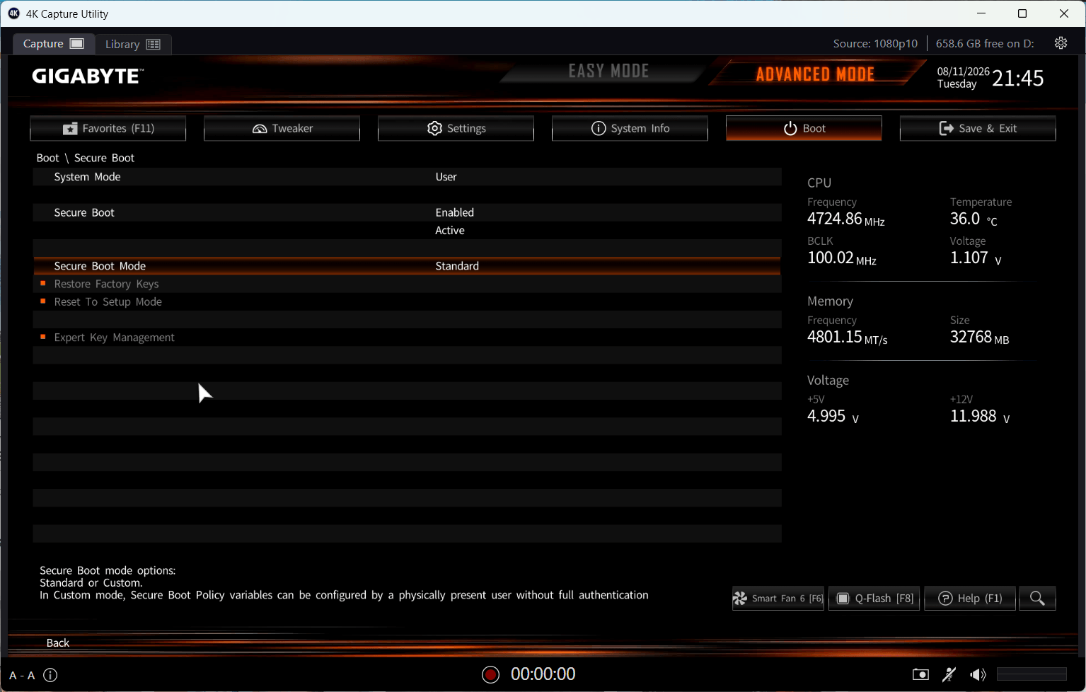 Sekce Secure Boot v BIOSu Gigabyte se stavem Enabled a Active